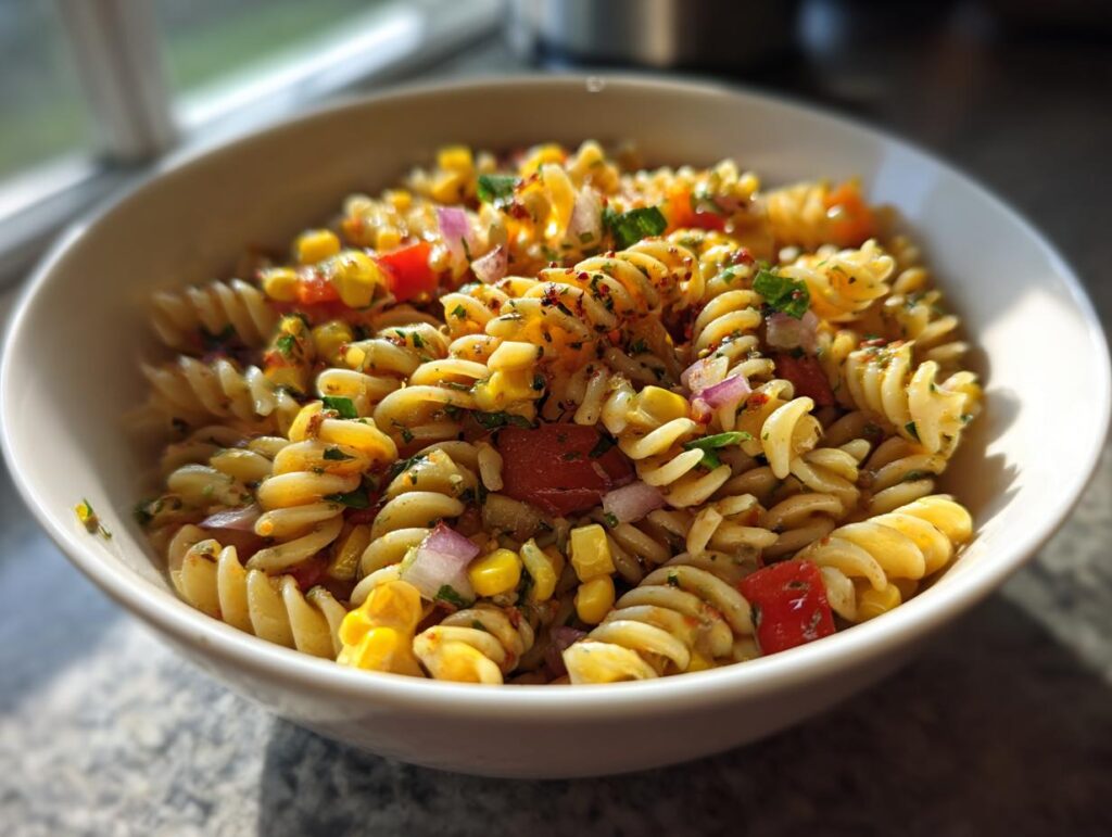 Bowl of sweet corn pasta salad recipe with rotini pasta, corn, red onion, and herbs.