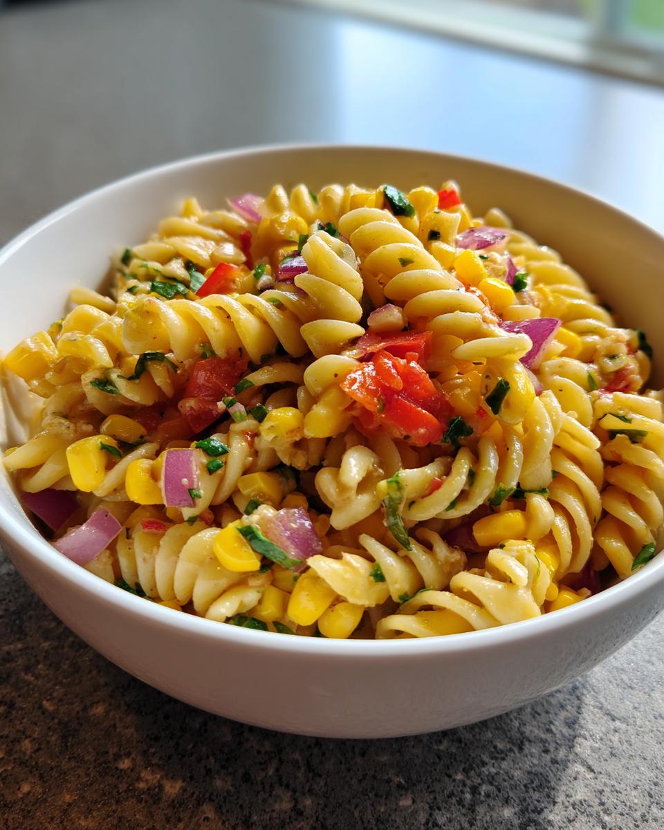Bowl of sweet corn pasta salad recipe with rotini pasta, corn, red onion, tomatoes, and herbs.