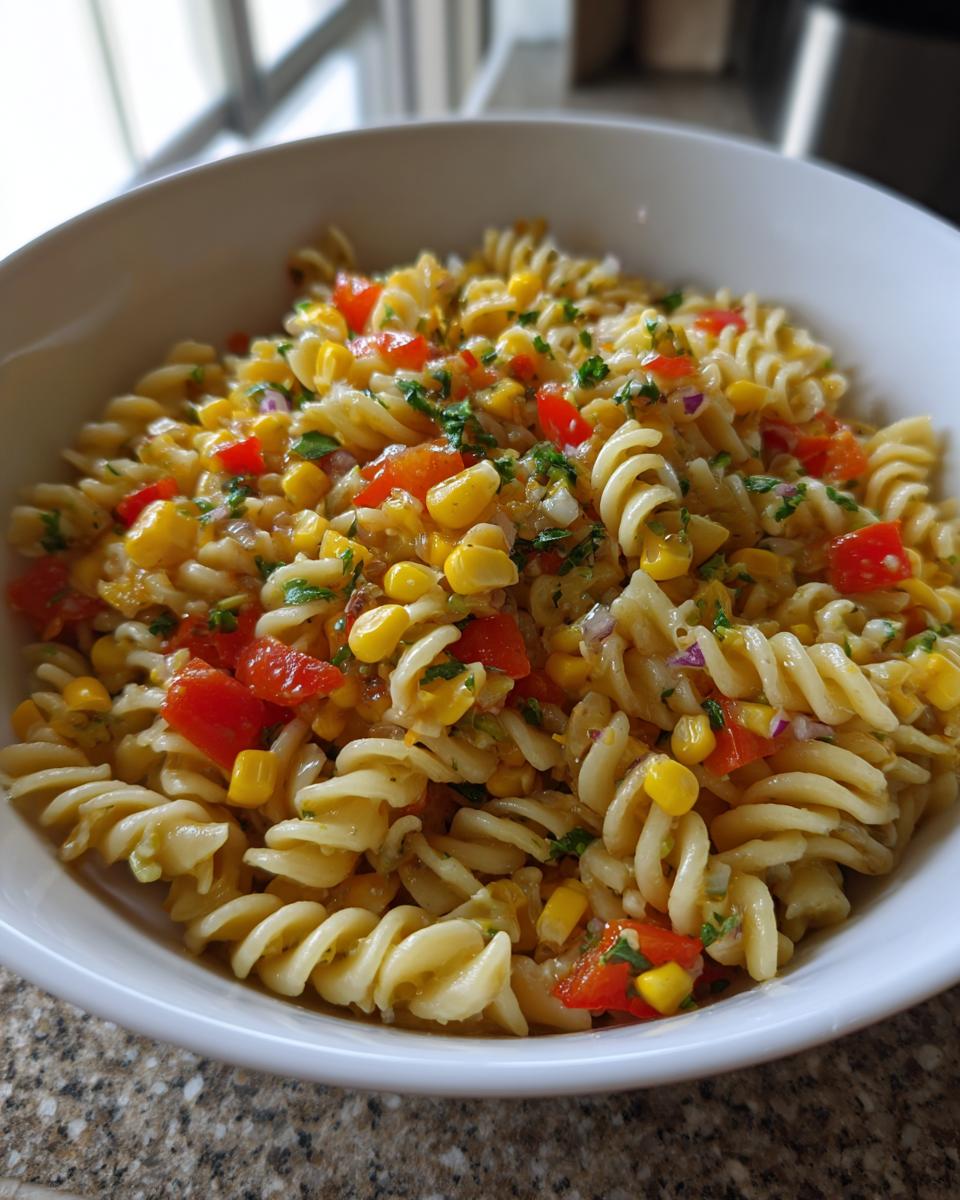 Bowl of sweet corn pasta salad recipe with rotini pasta, corn, red bell peppers, and herbs.