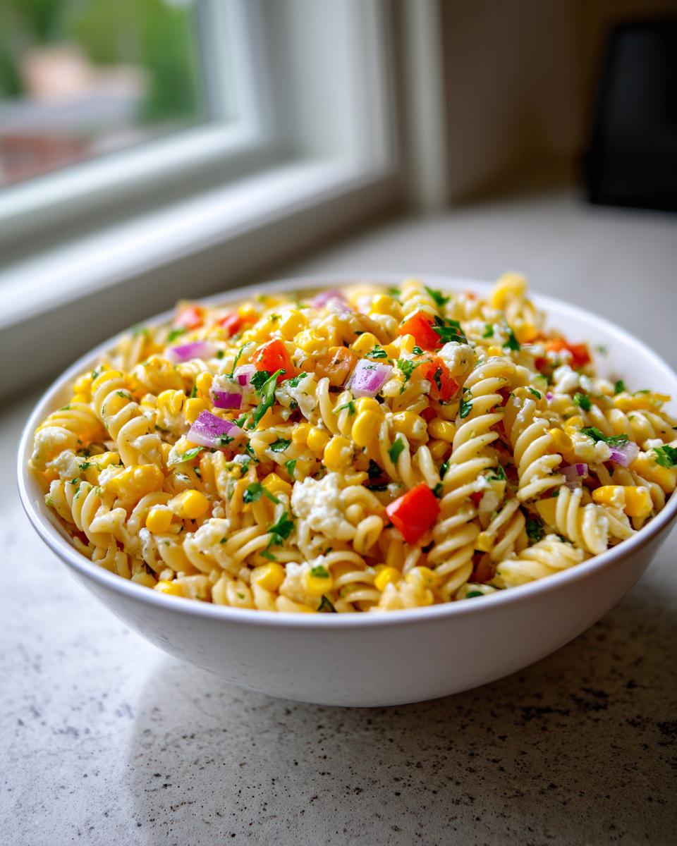 Bowl of sweet corn pasta salad recipe with rotini pasta, corn, red onion, red bell pepper, and herbs