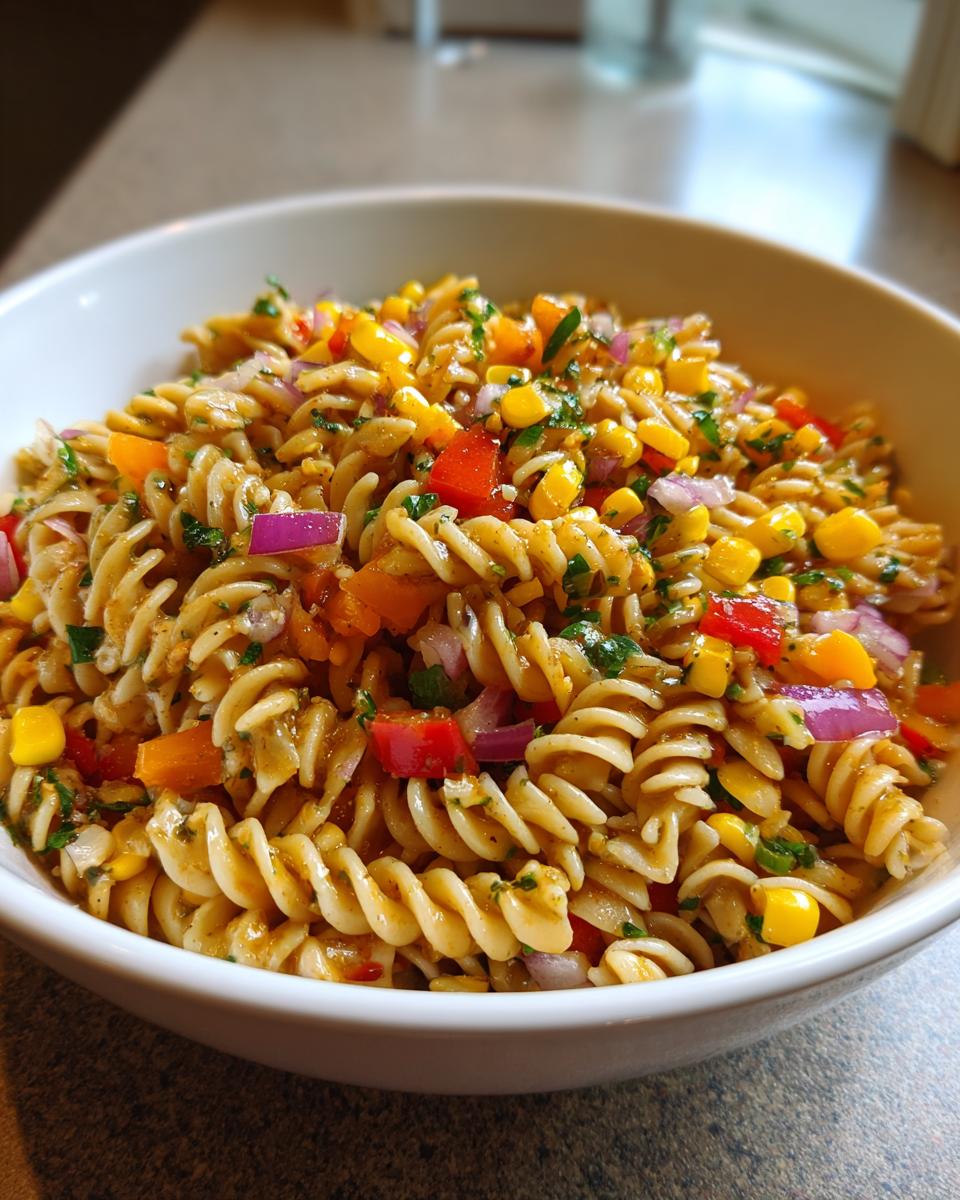 Bowl of sweet corn pasta salad recipe with rotini pasta, corn, red onion, and bell peppers.