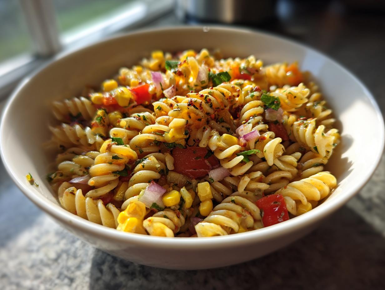 Bowl of sweet corn pasta salad recipe with rotini pasta, corn, red onion, and herbs.