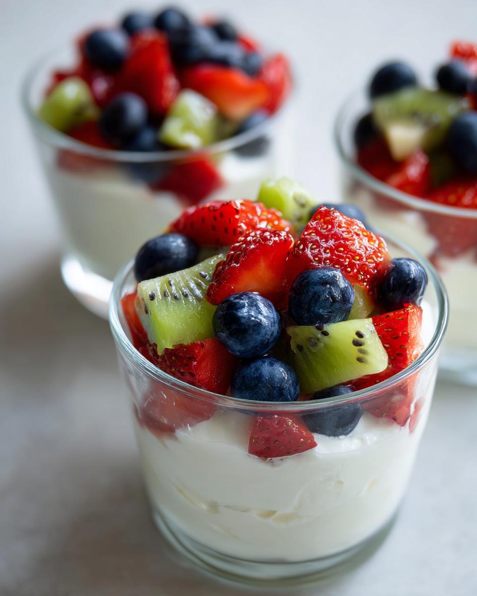 Glass cups filled with sweet cream cheese topped with strawberries, blueberries, and kiwi.