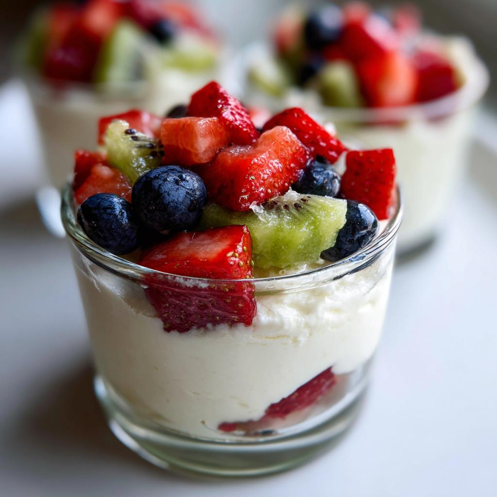 Glass cup filled with sweet cream cheese topped with strawberries, blueberries, and kiwi fruit