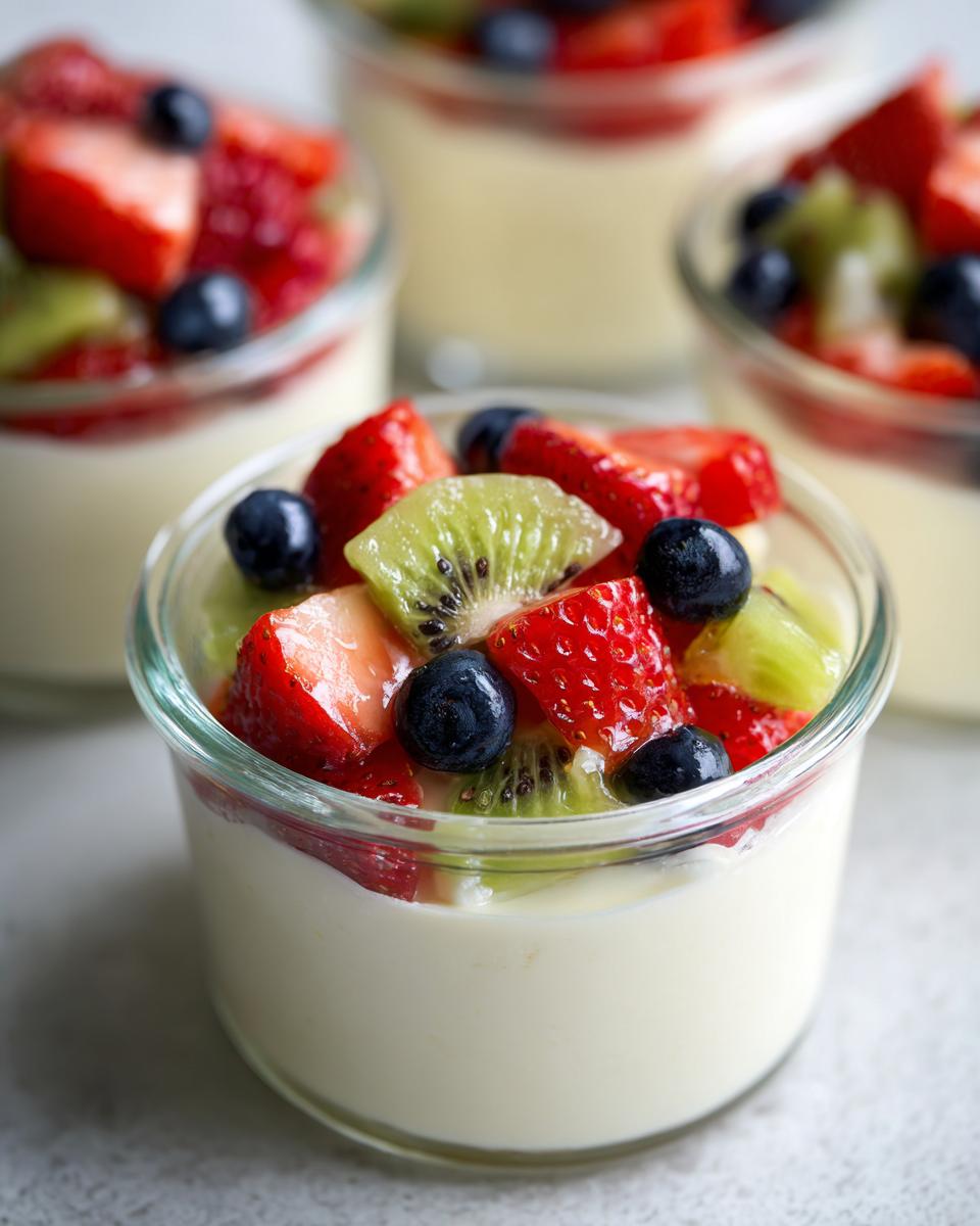 Glass cups filled with sweet cream cheese topped with strawberries, blueberries, and kiwi slices