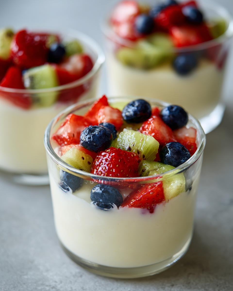 Glass cups filled with sweet cream cheese fruit cups topped with strawberries, blueberries, and kiwi.