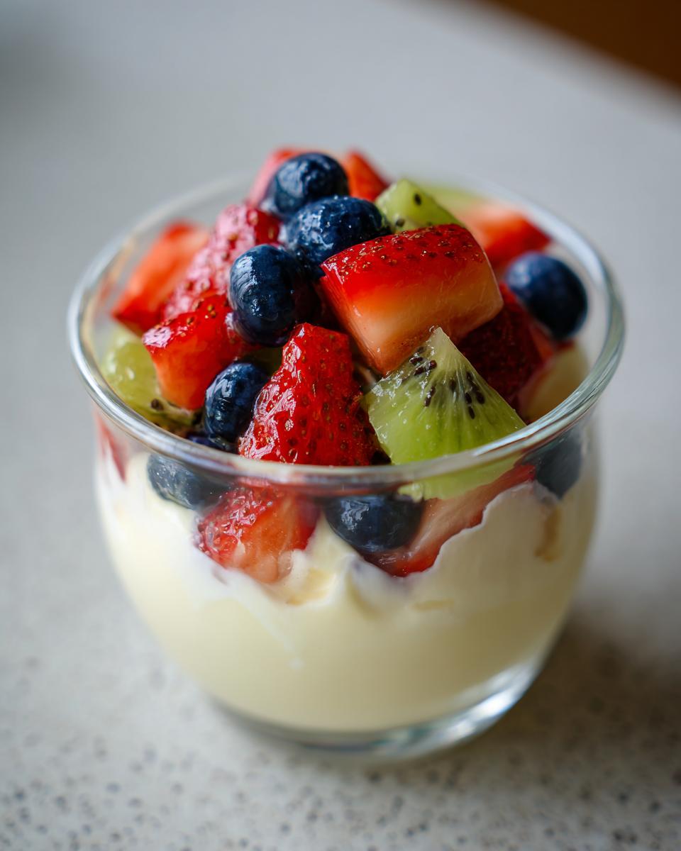 Glass cup filled with sweet cream cheese fruit cups topped with strawberries, blueberries, and kiwi.