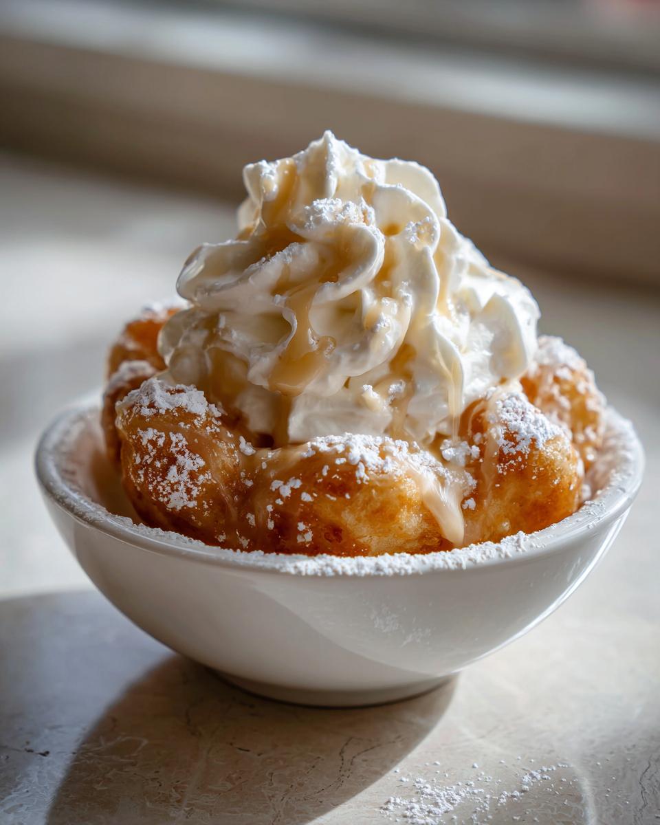 Bowl of fried pastry balls topped with whipped cream and drizzled with sweet sauce, dusted with powdered sugar