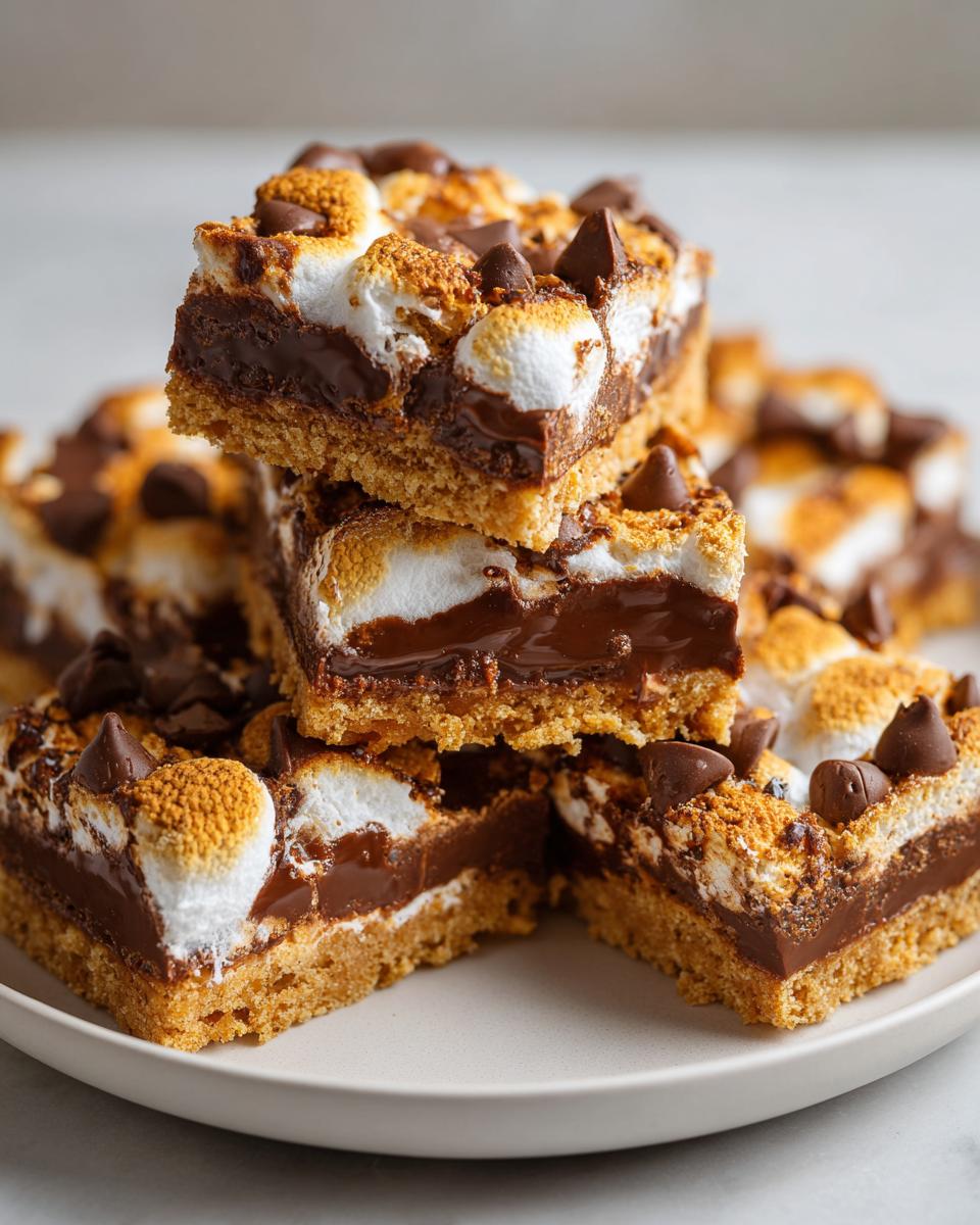 Stack of sweet party treats with toasted marshmallows and chocolate chips on a plate