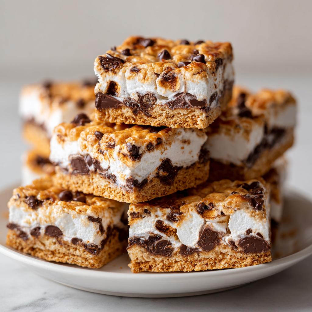 Stack of sweet party treats with toasted marshmallows, chocolate chips, and a crispy base on a white plate.
