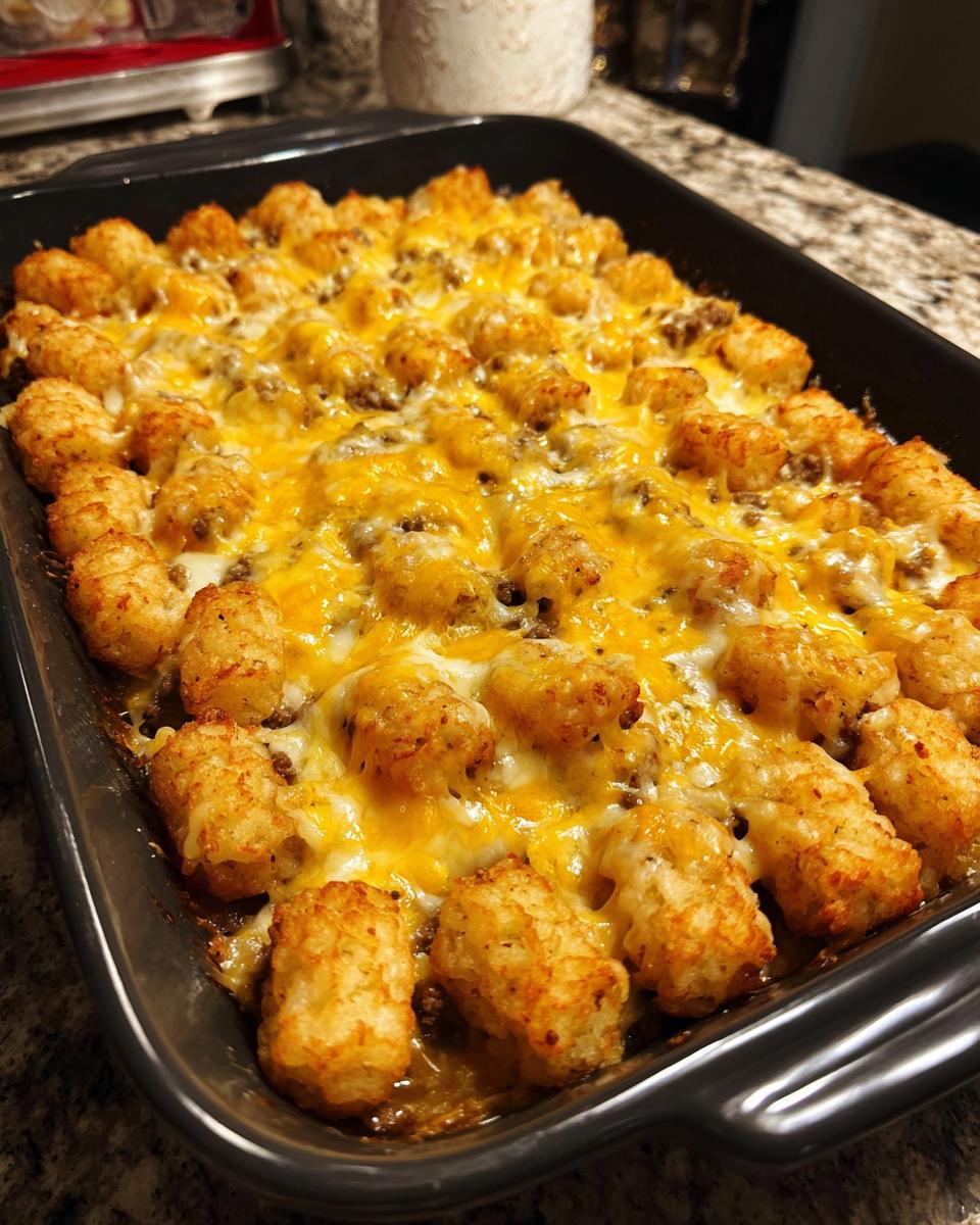 Baked tater tot casserole topped with melted cheddar cheese in a black baking dish.