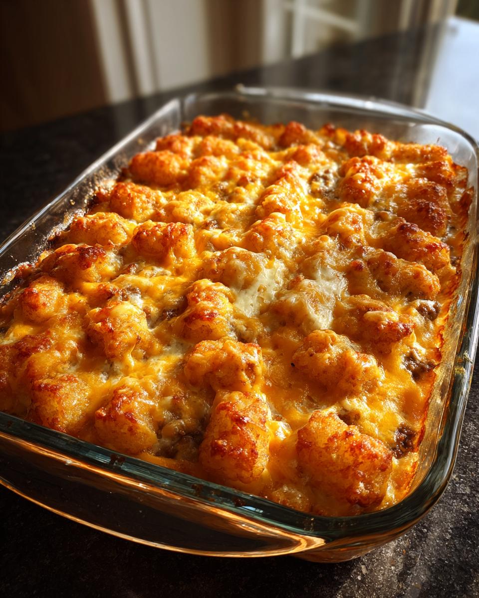 Baked tater tot casserole with melted cheese in a glass baking dish.