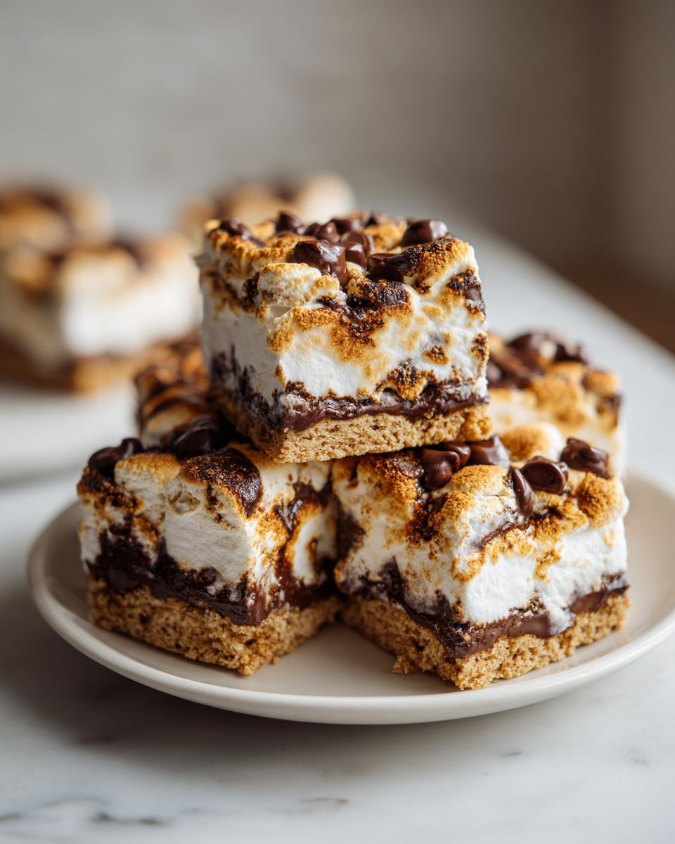 Stack of toasted marshmallow and chocolate sweet party treats on a white plate.