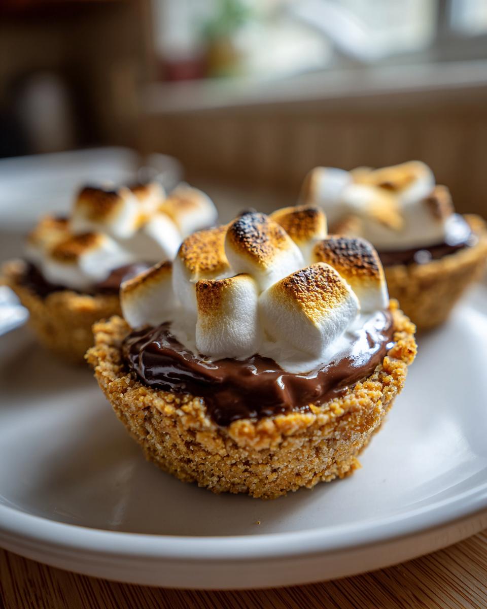 Close-up of toasted mini smores dessert cups with melted chocolate and golden marshmallows