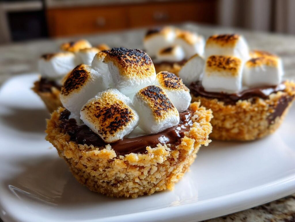 Close-up of toasted mini smores dessert cups with melted chocolate and browned marshmallows