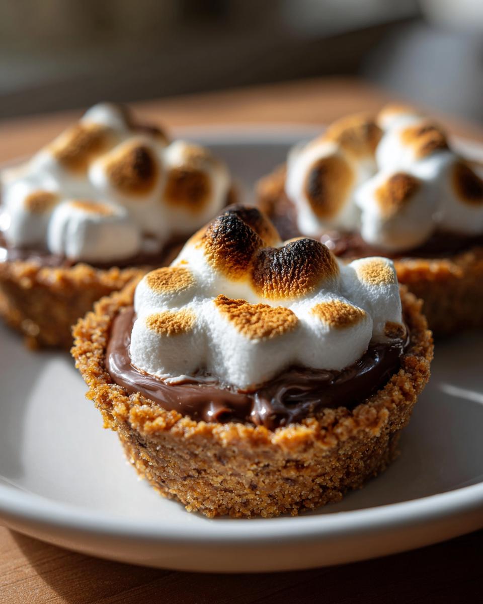 Close-up of toasted mini smores dessert cups with melted chocolate and golden marshmallows.