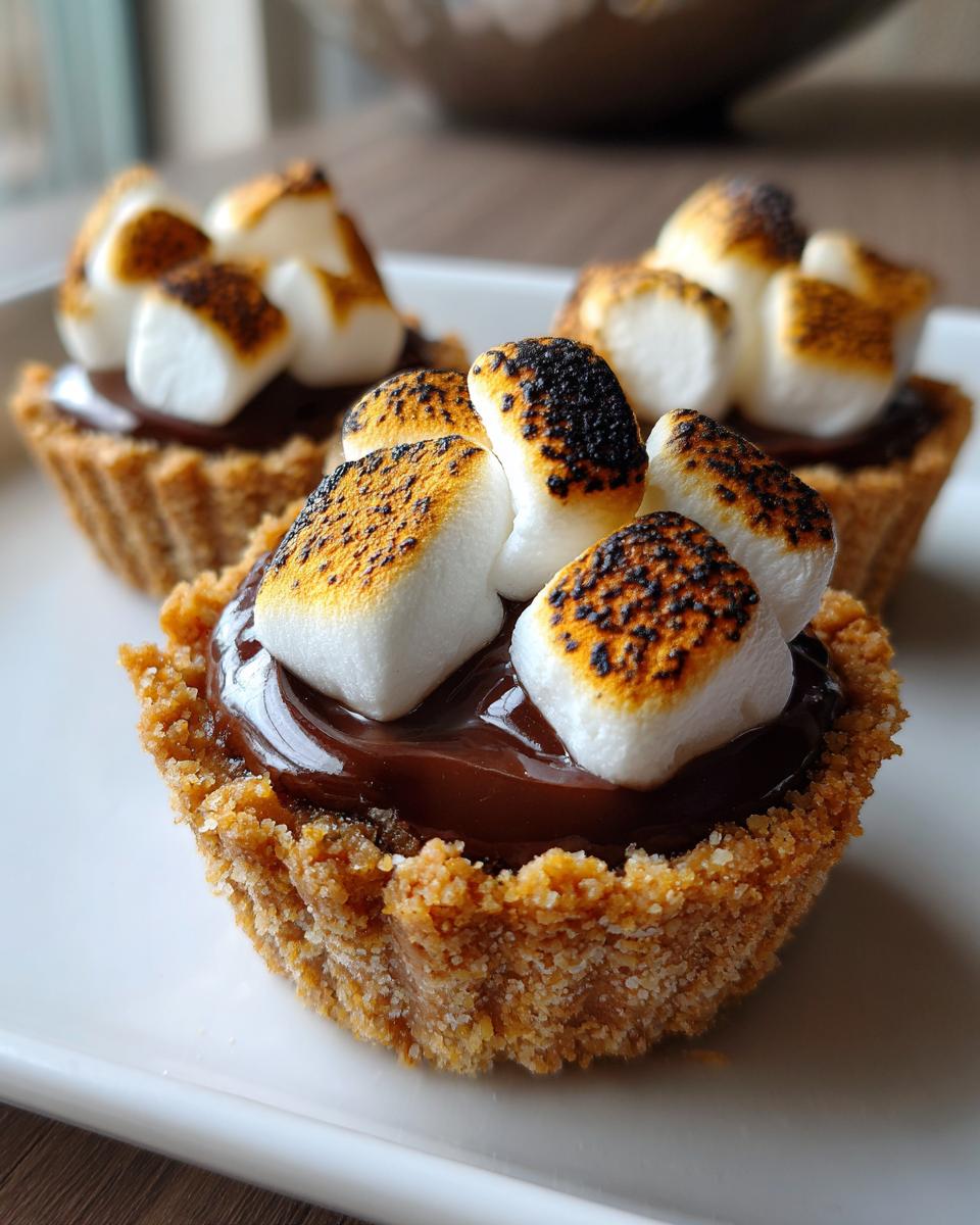 Close-up of toasted mini smores dessert cups with melted chocolate and browned marshmallows
