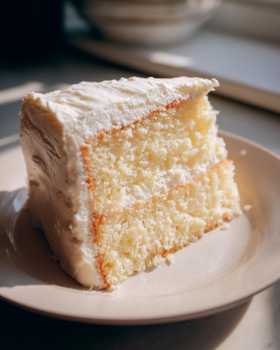 Close-up of a slice of vanilla cake with white frosting on a beige plate for April holiday desserts
