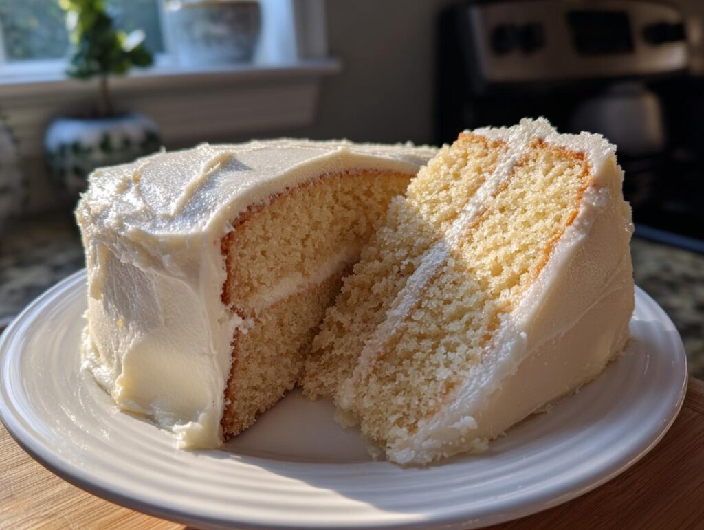 Slice of classic vanilla layer cake with white frosting on a white plate, perfect April holiday desserts