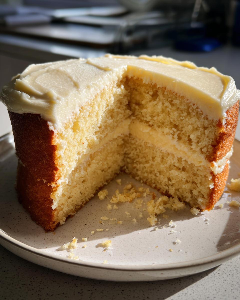 Close-up of a slice of vanilla layer cake with creamy frosting on a plate