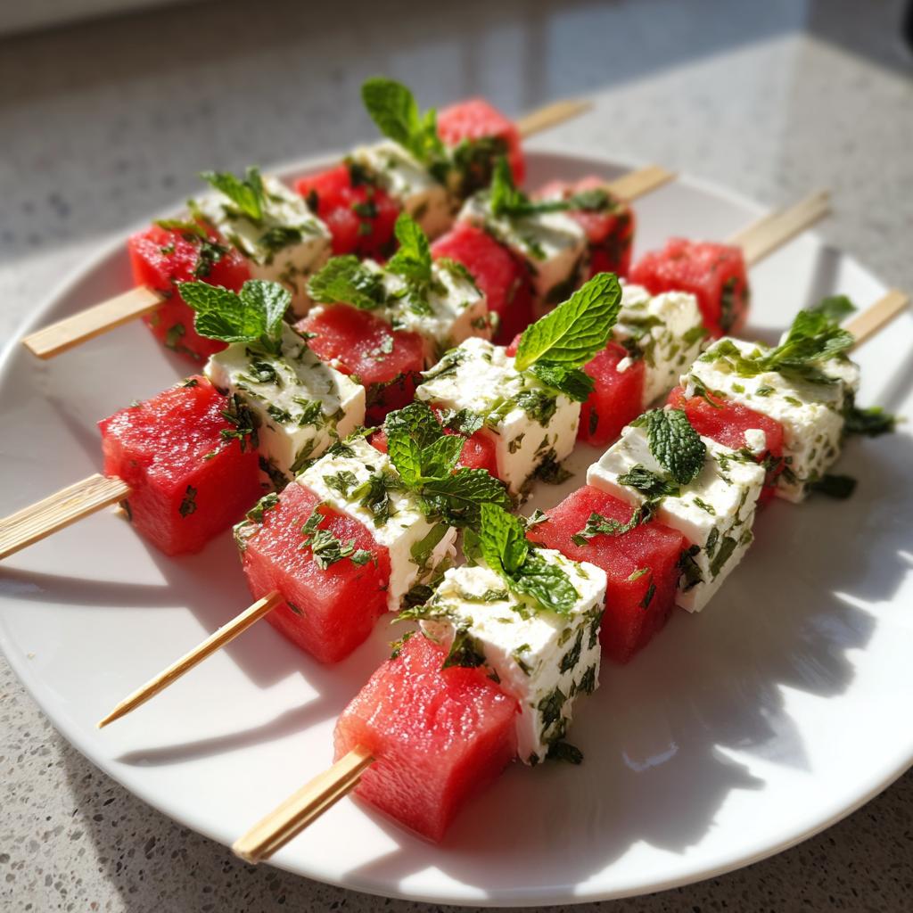Watermelon feta skewers snack garnished with fresh mint leaves on a white plate.