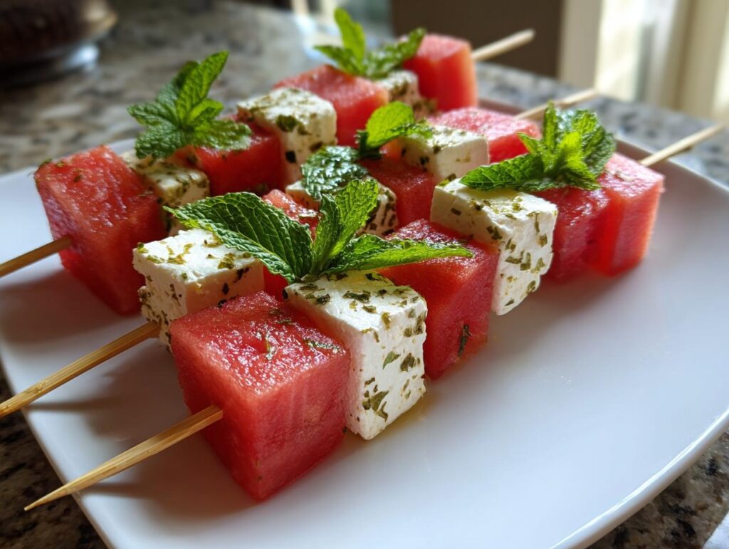 Watermelon feta skewers snack with fresh mint leaves on a white plate.