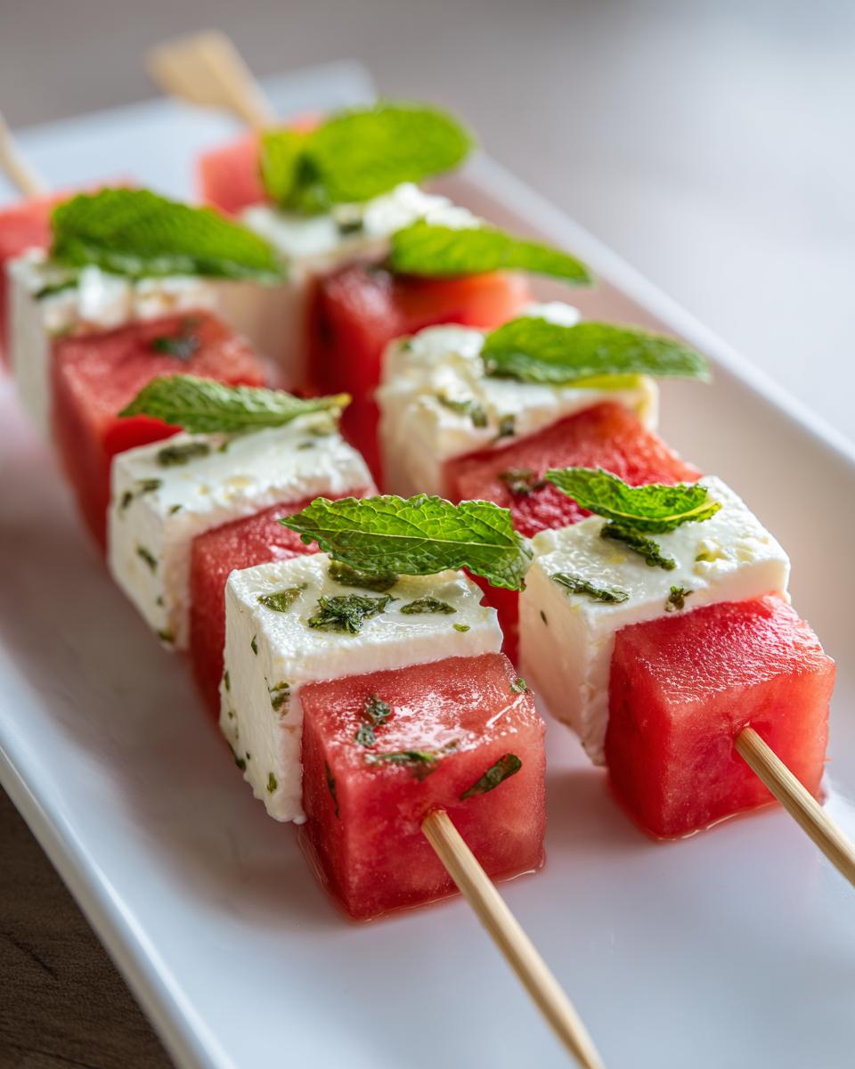 Watermelon feta skewers snack with fresh mint leaves on a white plate