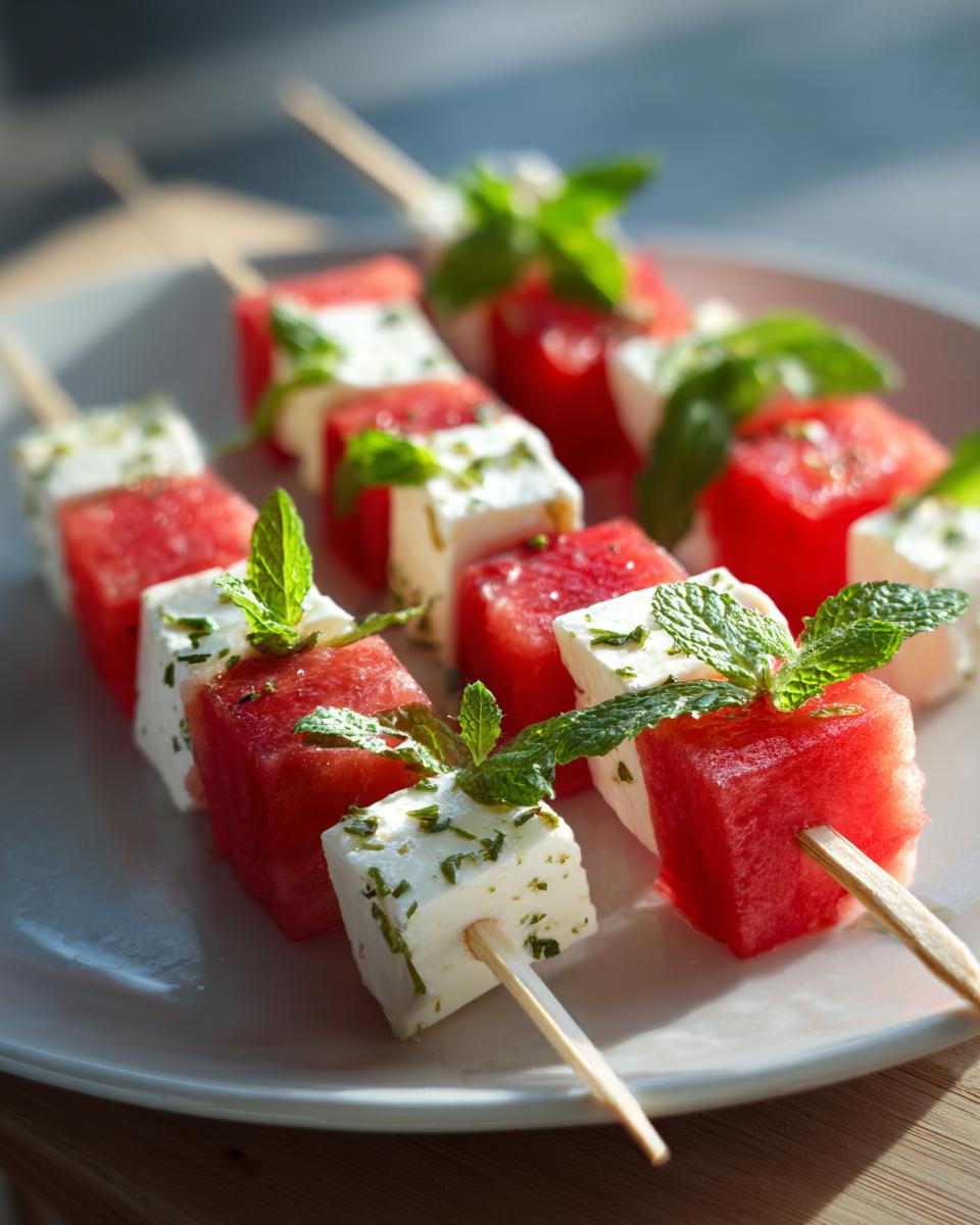 Watermelon feta skewers snack with fresh mint leaves on a white plate