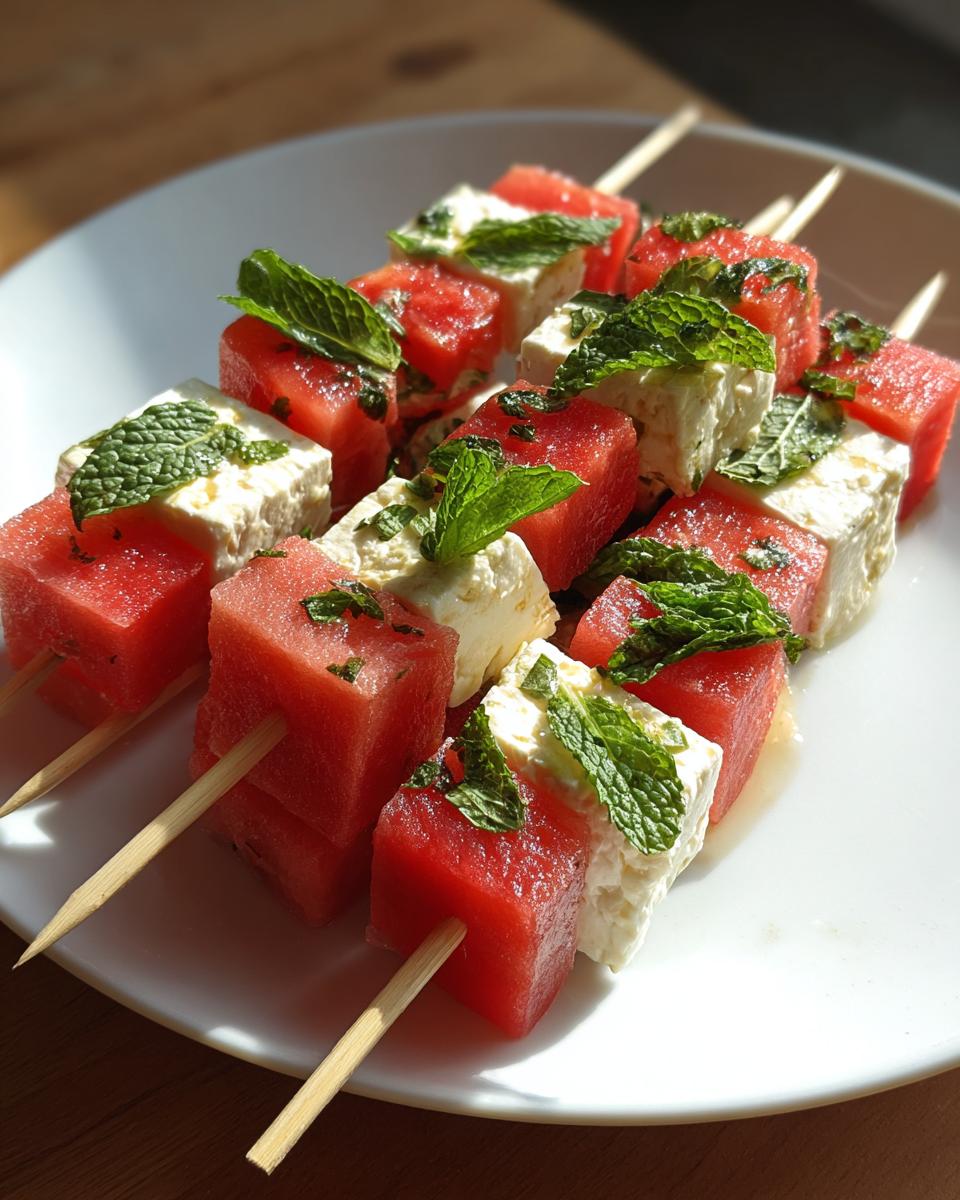 Watermelon feta skewers snack with fresh mint leaves on a white plate in natural light