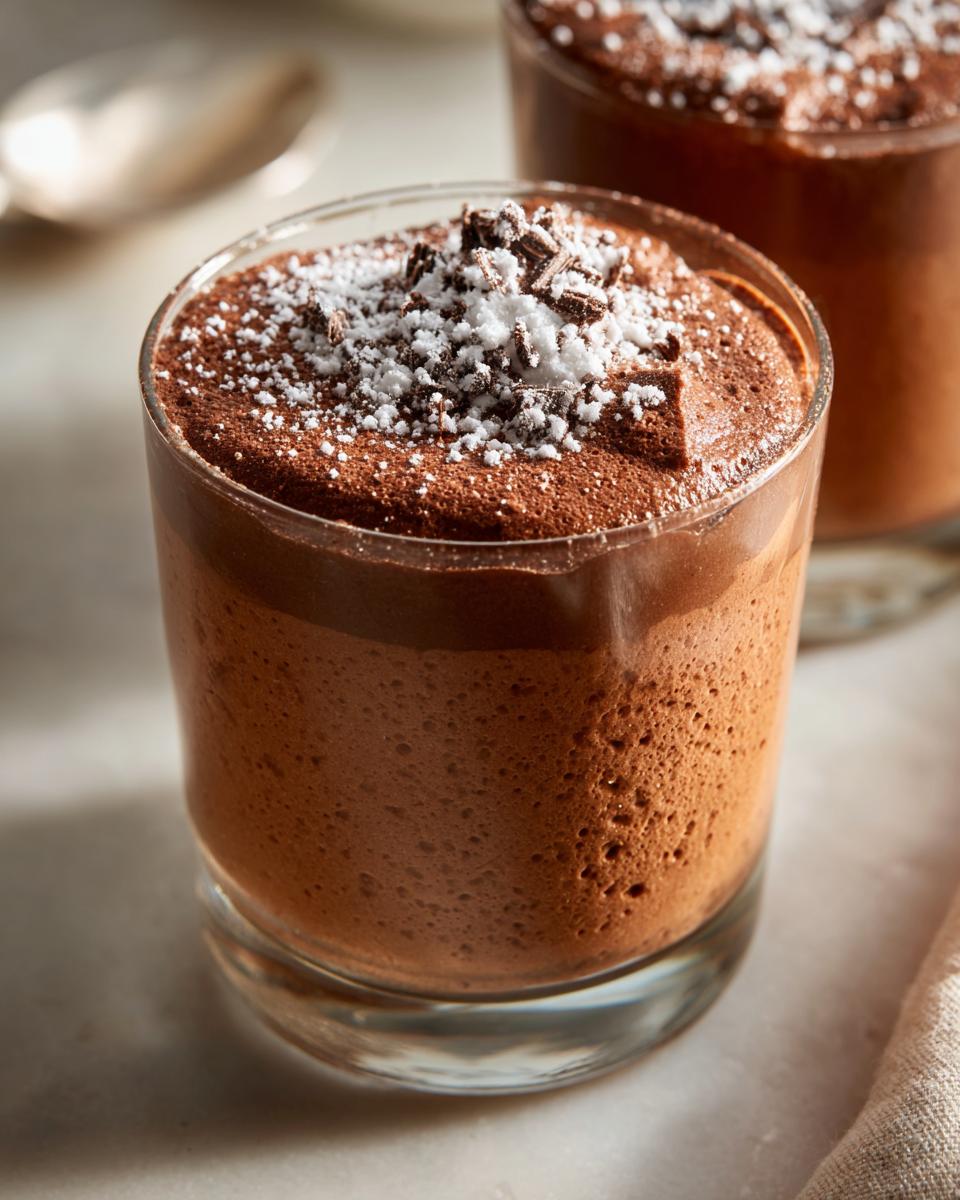 Close-up of whipped chocolate mousse cups topped with chocolate shavings and powdered sugar
