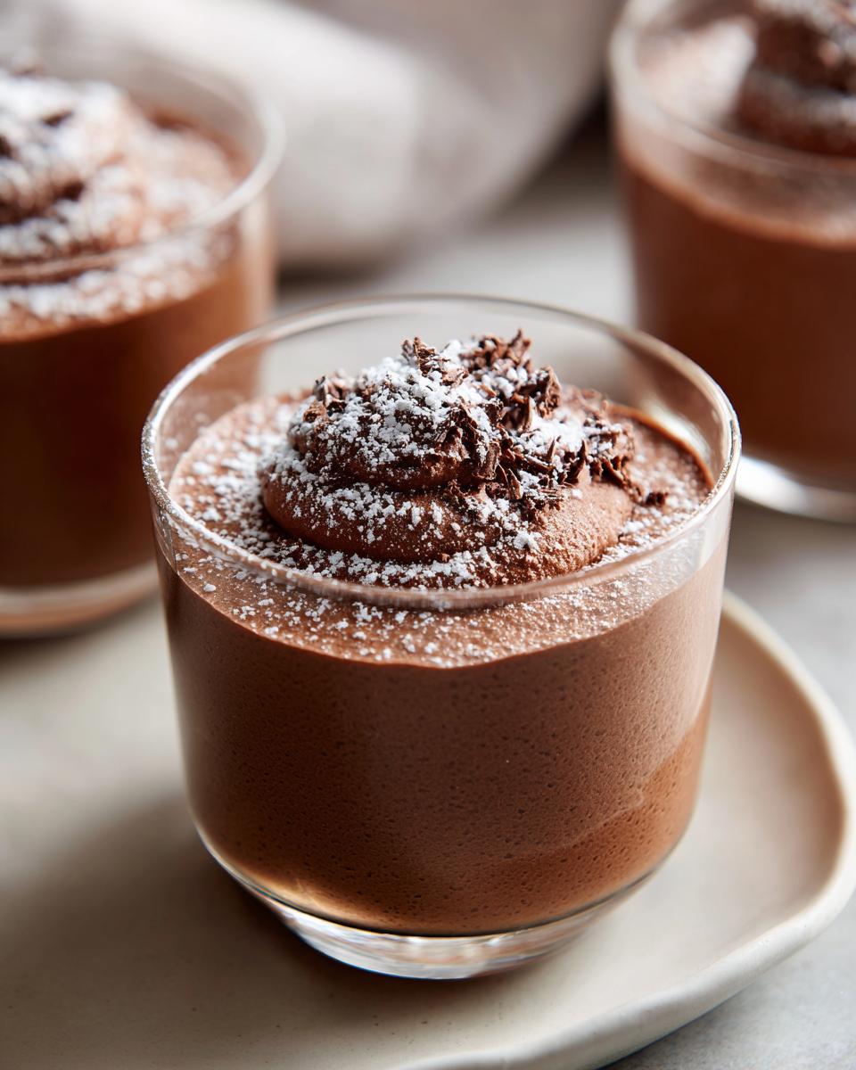 Glass cups filled with whipped chocolate mousse topped with chocolate shavings and powdered sugar