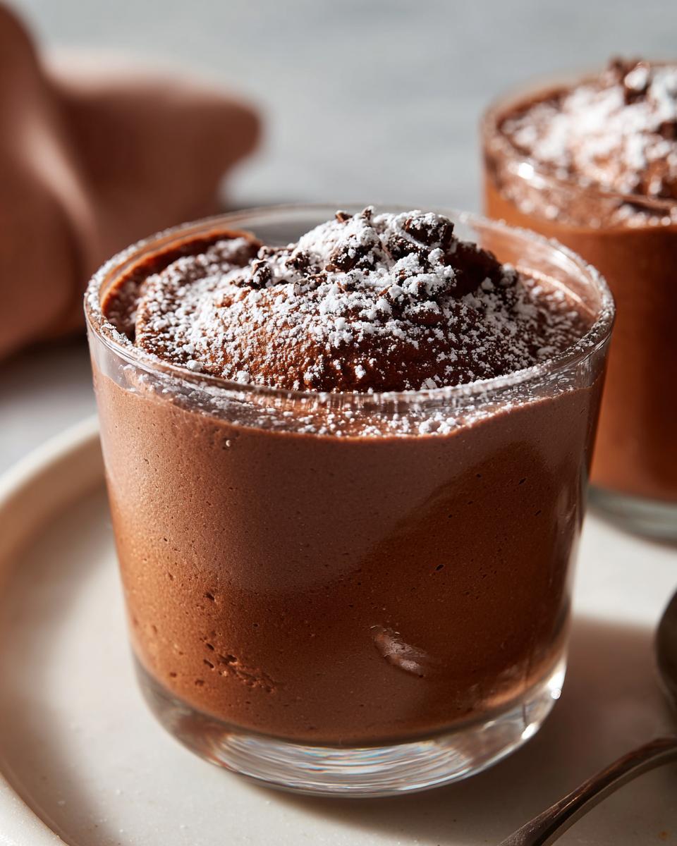 Close-up of whipped chocolate mousse cups topped with powdered sugar in clear glasses.