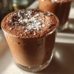Close-up of whipped chocolate mousse cups topped with powdered sugar in clear glasses.