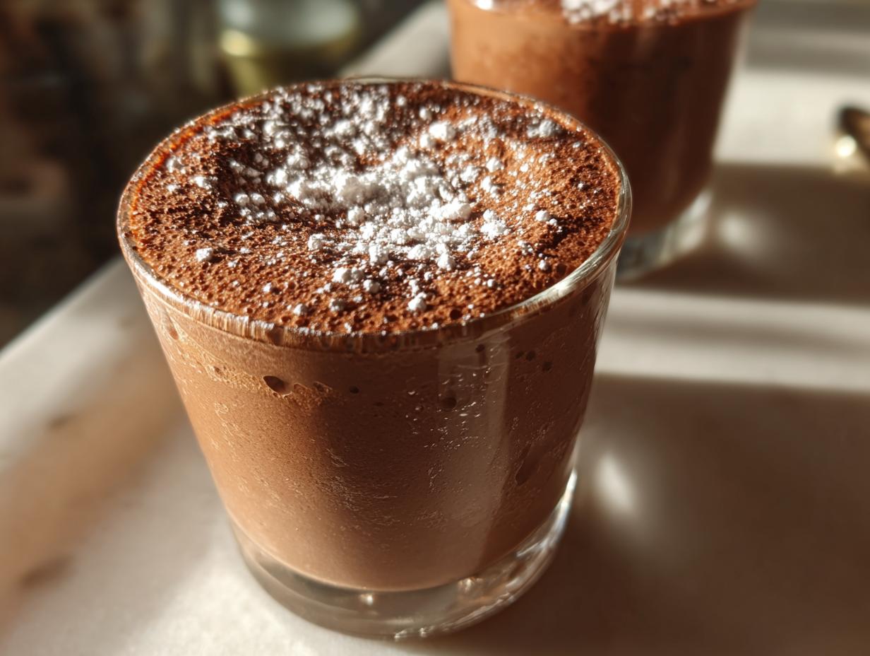 Close-up of whipped chocolate mousse cups topped with powdered sugar in clear glasses.