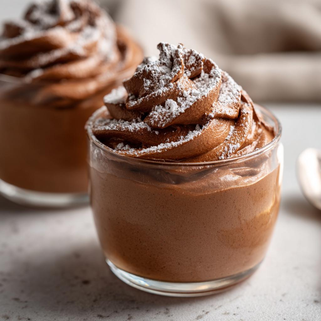 Close-up of whipped chocolate mousse cups topped with powdered sugar in glass cups.