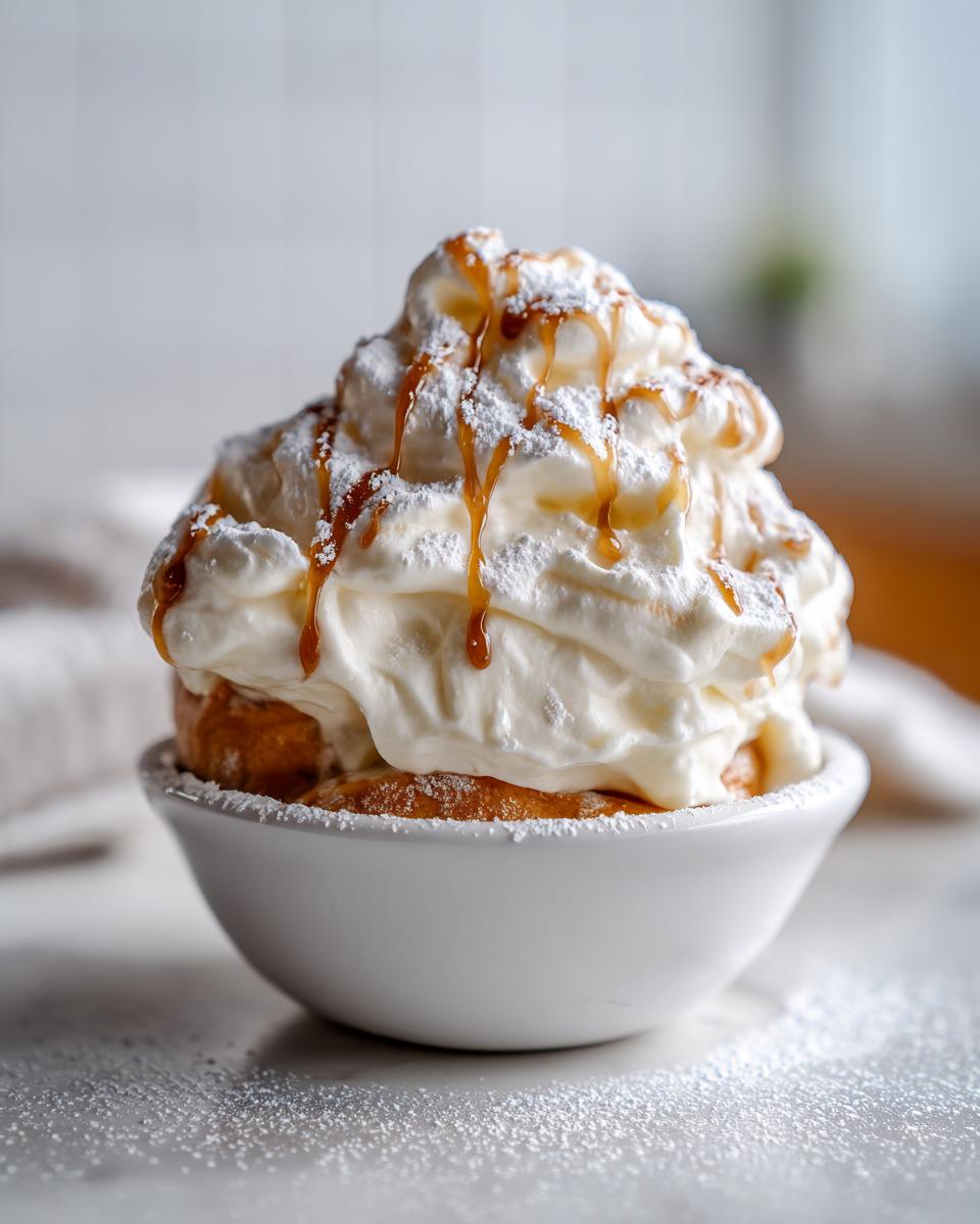 Bowl of whipped cream sweet dip topped with caramel drizzle and powdered sugar