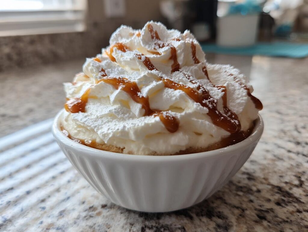 White bowl filled with whipped cream sweet dip topped with caramel drizzle and powdered sugar