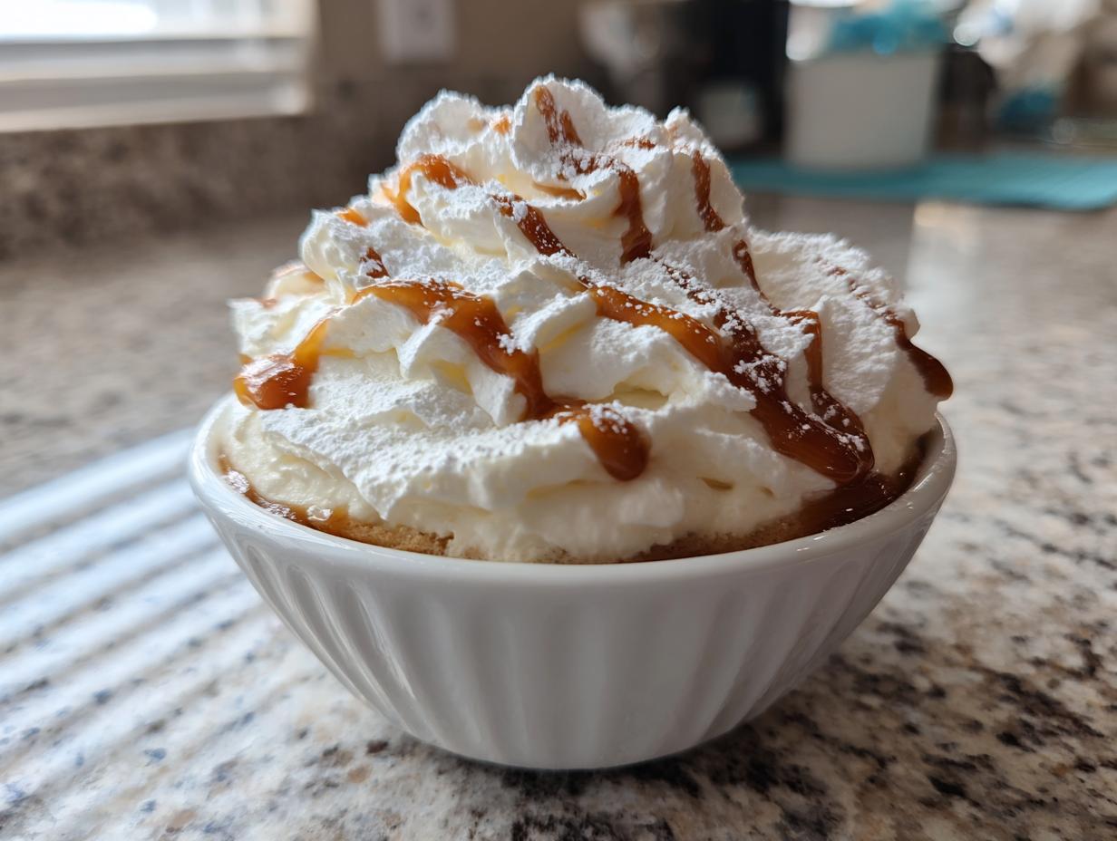 White bowl filled with whipped cream sweet dip topped with caramel drizzle and powdered sugar