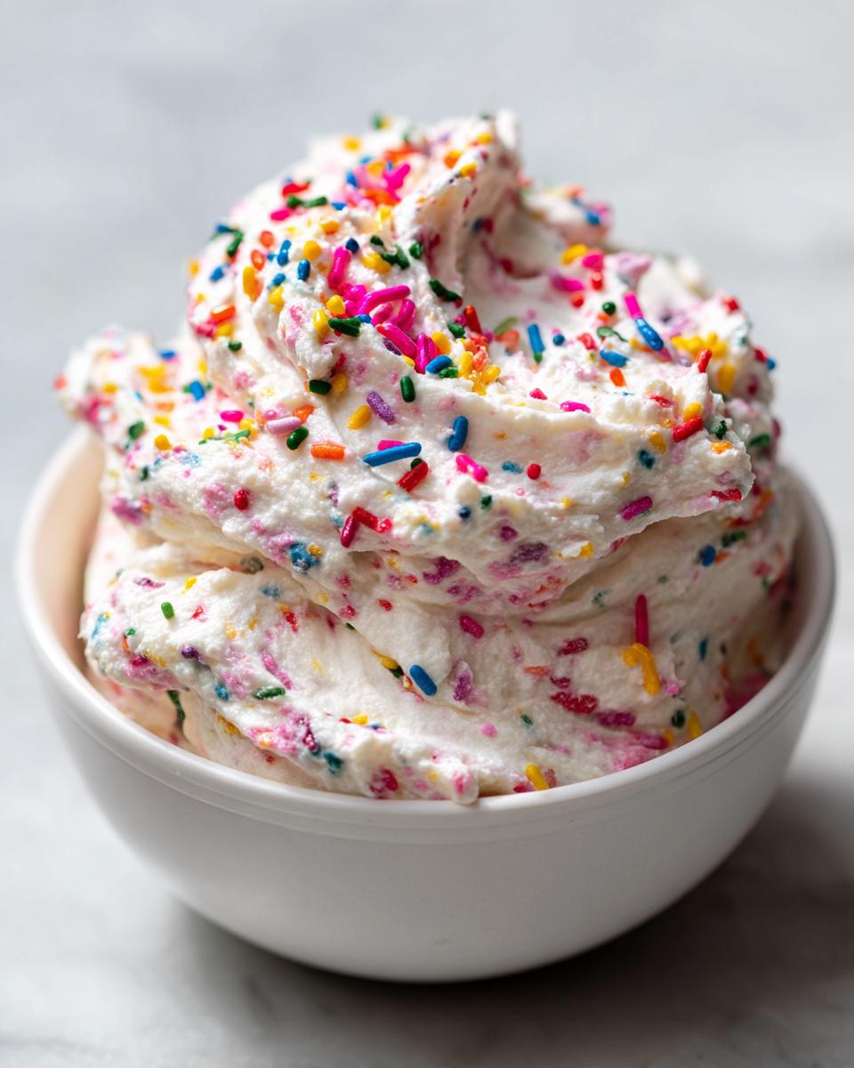 Close-up of creamy Funfetti dessert dip recipe topped with colorful sprinkles in a white bowl.