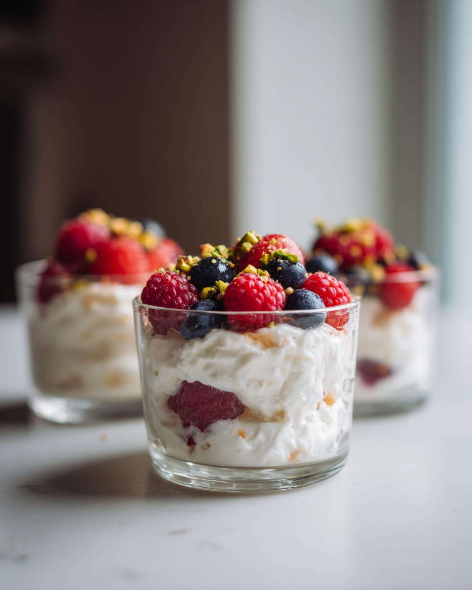 Glass cups filled with whipped ricotta dessert cups topped with raspberries, blueberries, and chopped pistachios.