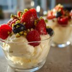 Glass cup filled with whipped ricotta dessert topped with strawberries, raspberries, blueberries, and chopped pistachios