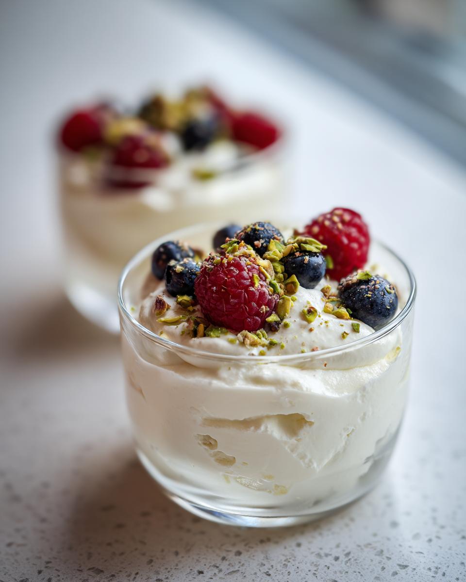 Whipped ricotta dessert cups topped with fresh raspberries, blueberries, and chopped pistachios