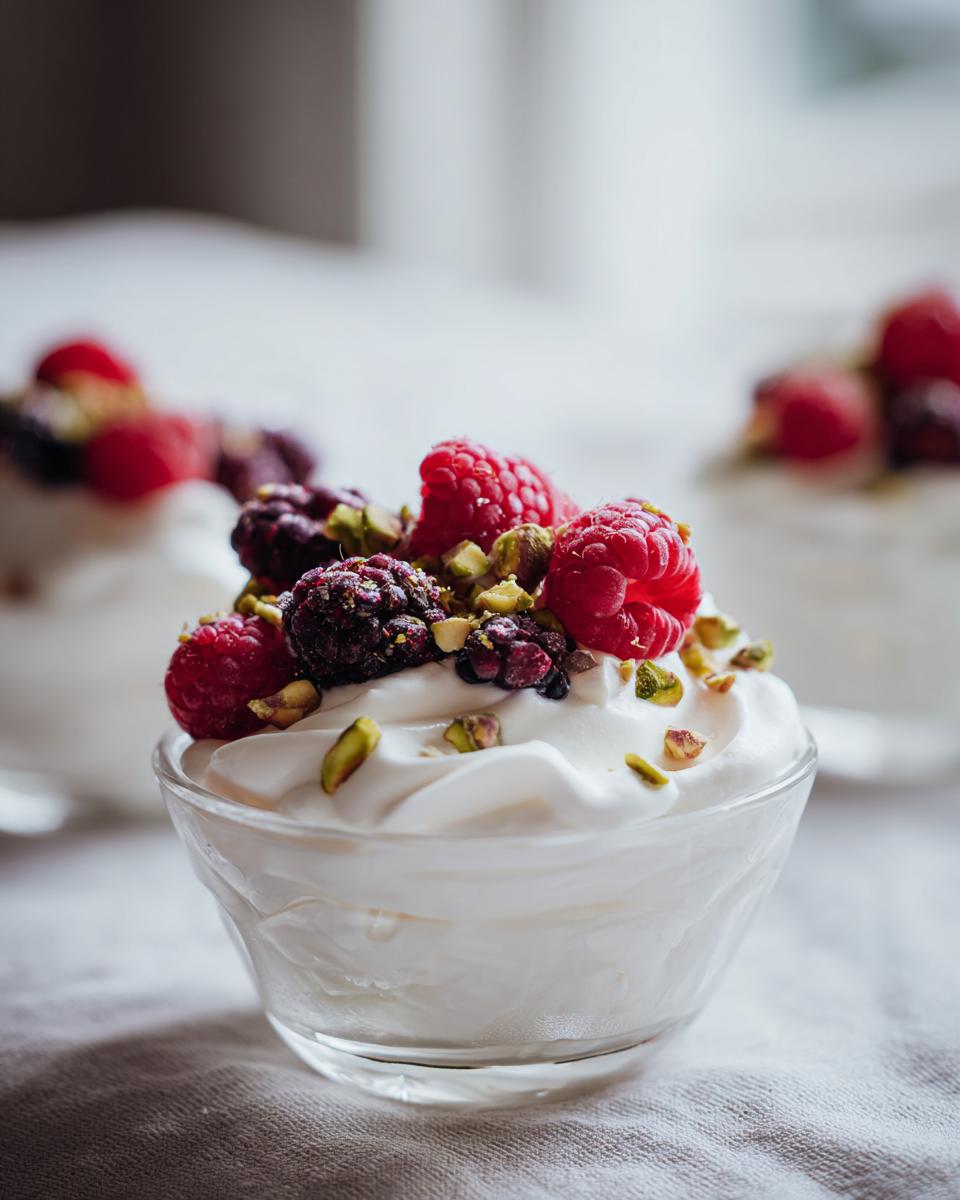 Whipped ricotta dessert cups topped with fresh raspberries, blackberries, and chopped pistachios in clear glass bowls.