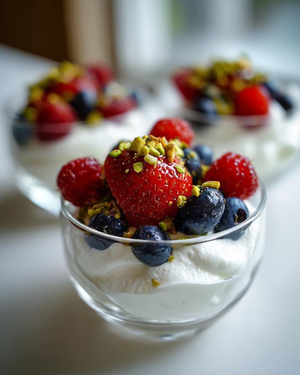 Whipped ricotta dessert cups topped with strawberries, blueberries, raspberries, and chopped pistachios.