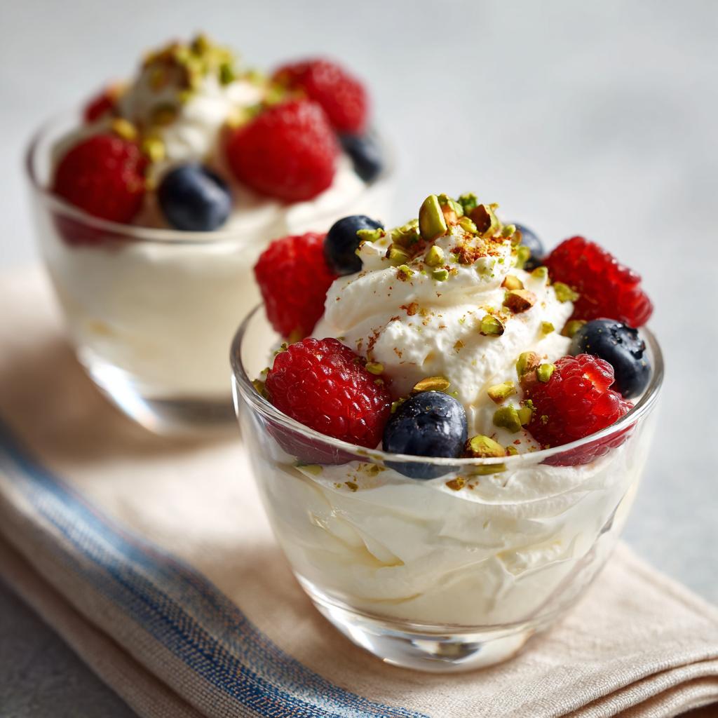 Two whipped ricotta dessert cups topped with raspberries, blueberries, and chopped pistachios.