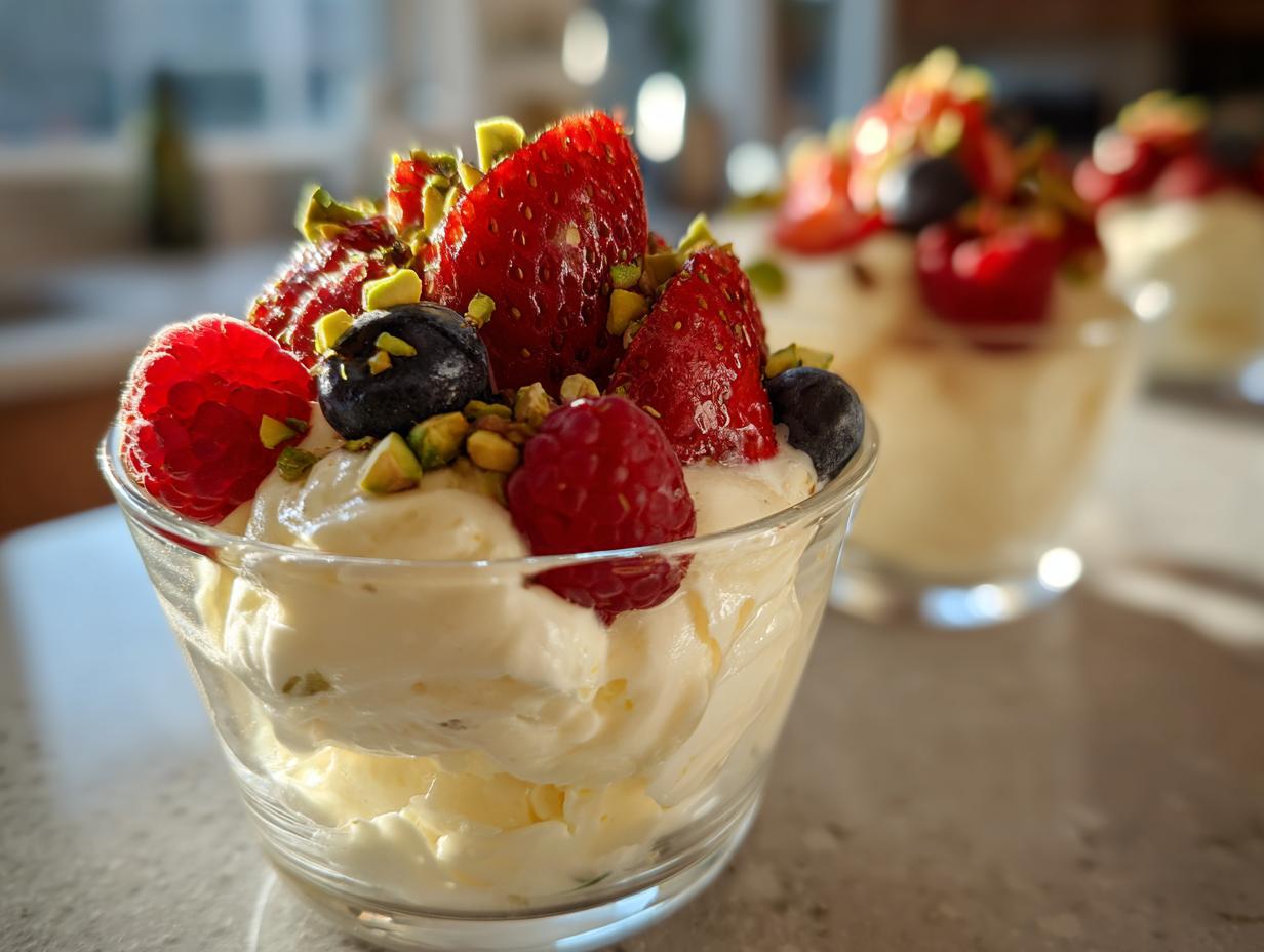 Glass cup filled with whipped ricotta dessert topped with strawberries, raspberries, blueberries, and chopped pistachios