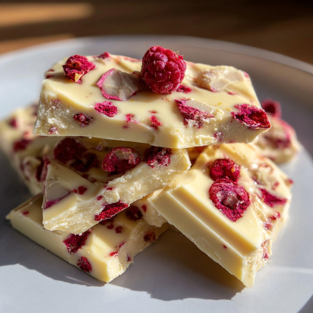 Close-up of white chocolate raspberry bark with freeze-dried raspberries on a white plate.