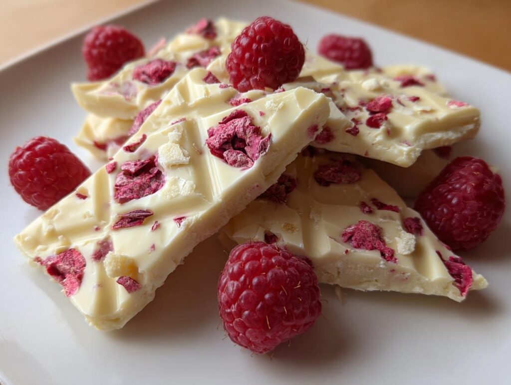 Close-up of white chocolate raspberry bark pieces garnished with fresh raspberries on a white plate.