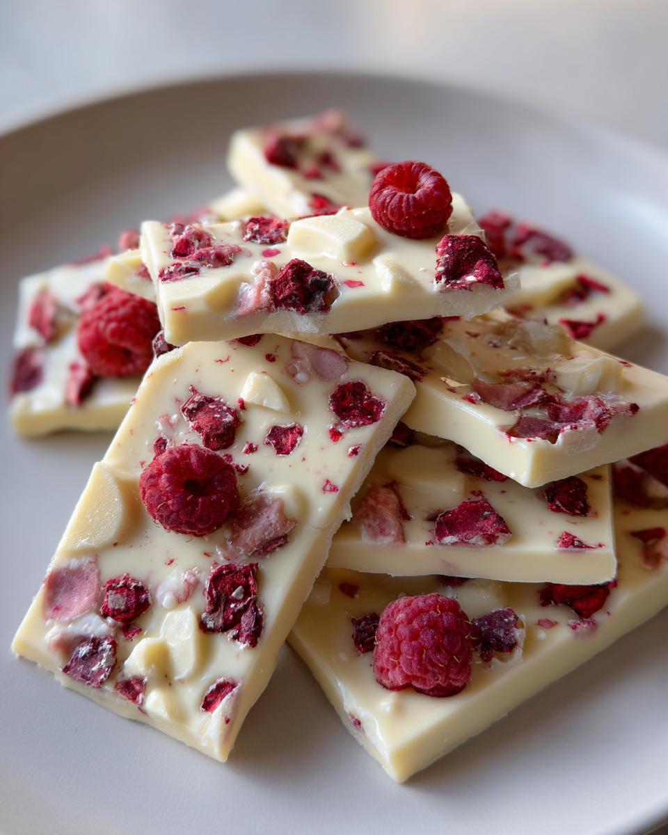 Close-up of white chocolate raspberry bark pieces with fresh raspberries on a plate