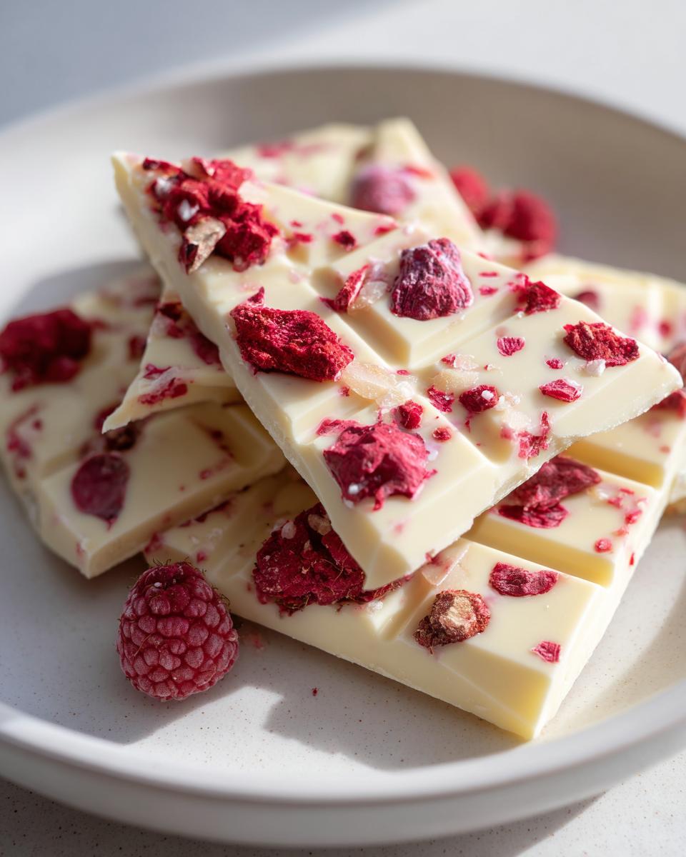 Close-up of white chocolate raspberry bark pieces with freeze-dried raspberries on a white plate.